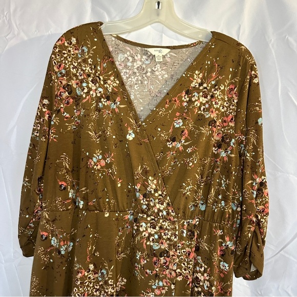 Brown dress flowers 1X 16-18W fall winter ruched sleeves faux wrap v neck floral - Picture 6 of 14